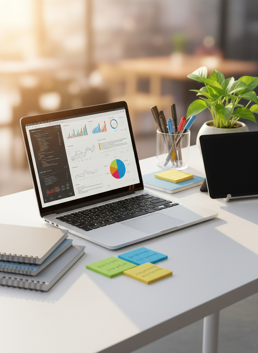 A sleek silver laptop with a vivid, data-filled screen rests open on a clean white desk, surrounded by neatly arranged notebooks, color-coded sticky notes, and a slim black tablet. A transparent acrylic organizer holds pens and a small potted plant with bright green leaves, adding a touch of nature to the academic workspace. Soft morning sunlight pours in from an unseen window to the left, creating gentle reflections on the laptop’s metallic surface and subtle shadows along the desk’s edge. Photographic realism, shot at eye level with a shallow depth of field, keeps the laptop and notes in crisp focus while the background fades into a soft bokeh, conveying a calm, professional, information-focused study environment for a course blog.