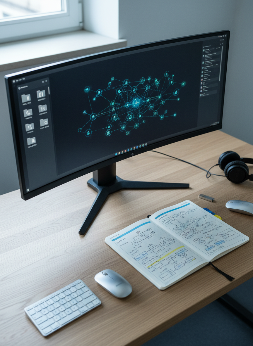 An organized digital workstation displaying an abstract network diagram and neatly arranged folders on a large ultra-wide monitor, flanked by a compact keyboard and wireless mouse on a light oak desk. Beside the monitor, an open spiral notebook shows tidy, handwritten diagrams-like markings and highlighted sections, while a slim USB drive and over-ear headphones rest nearby. Cool, diffused daylight from a nearby window evenly illuminates the scene, with minimal reflections on the matte screen. The composition uses the rule of thirds in photographic realism, shot from a slightly elevated angle to capture the full layout. The atmosphere is focused and analytical, perfectly suited to depicting structured progress and accomplishments in an information science course.