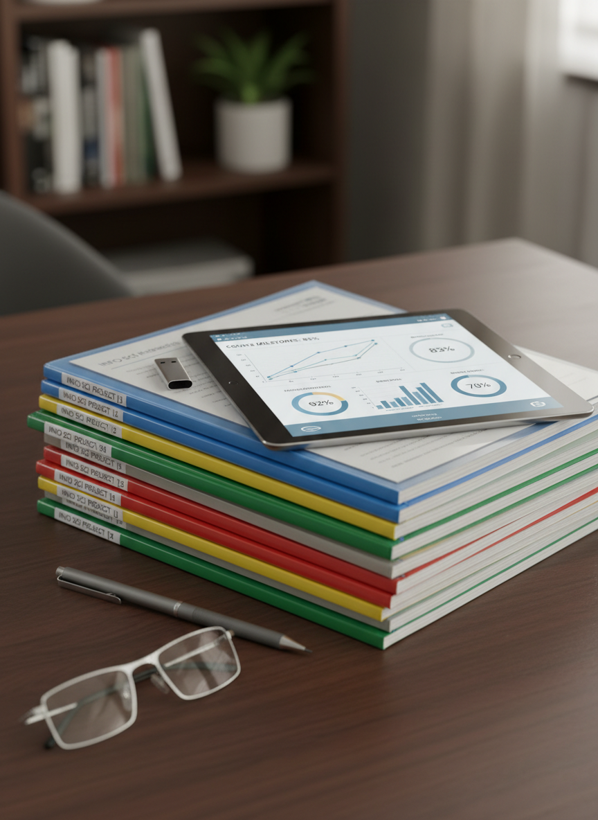 A close-up of a neatly stacked set of printed project reports, each bound with clear covers and color-coded spines, resting on a dark wood desk. On top, a tablet displays a dashboard of charts, graphs, and progress bars, suggesting course milestones and assignment tracking. A sleek silver flash drive lies beside a slim mechanical pencil and a pair of rectangular eyeglass frames. Overhead, soft warm office lighting produces gentle highlights on the plastic report covers and subtle shadows beneath the stack. Photographic realism with a slightly elevated, three-quarter angle emphasizes texture and detail, while the background gently blurs, creating a professional, academic mood that conveys organized progress in information science coursework.